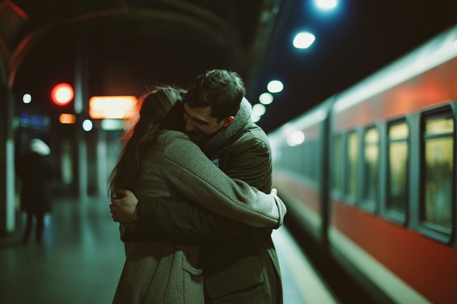 Ein Mann und einem Frau umarmen sich an einem Bahnhof