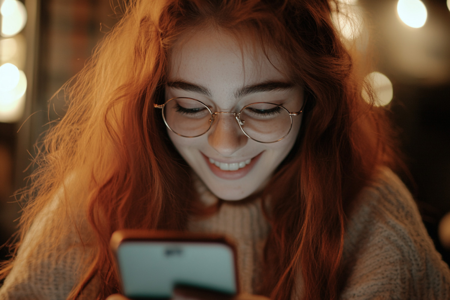 Eine junge Frau schaut lächelnd in ihr Smartphone