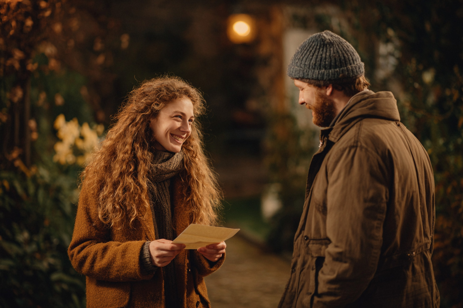Ein Mann und eine Frau. Die Frau hält einen Brief in der Hand, beide lächeln.