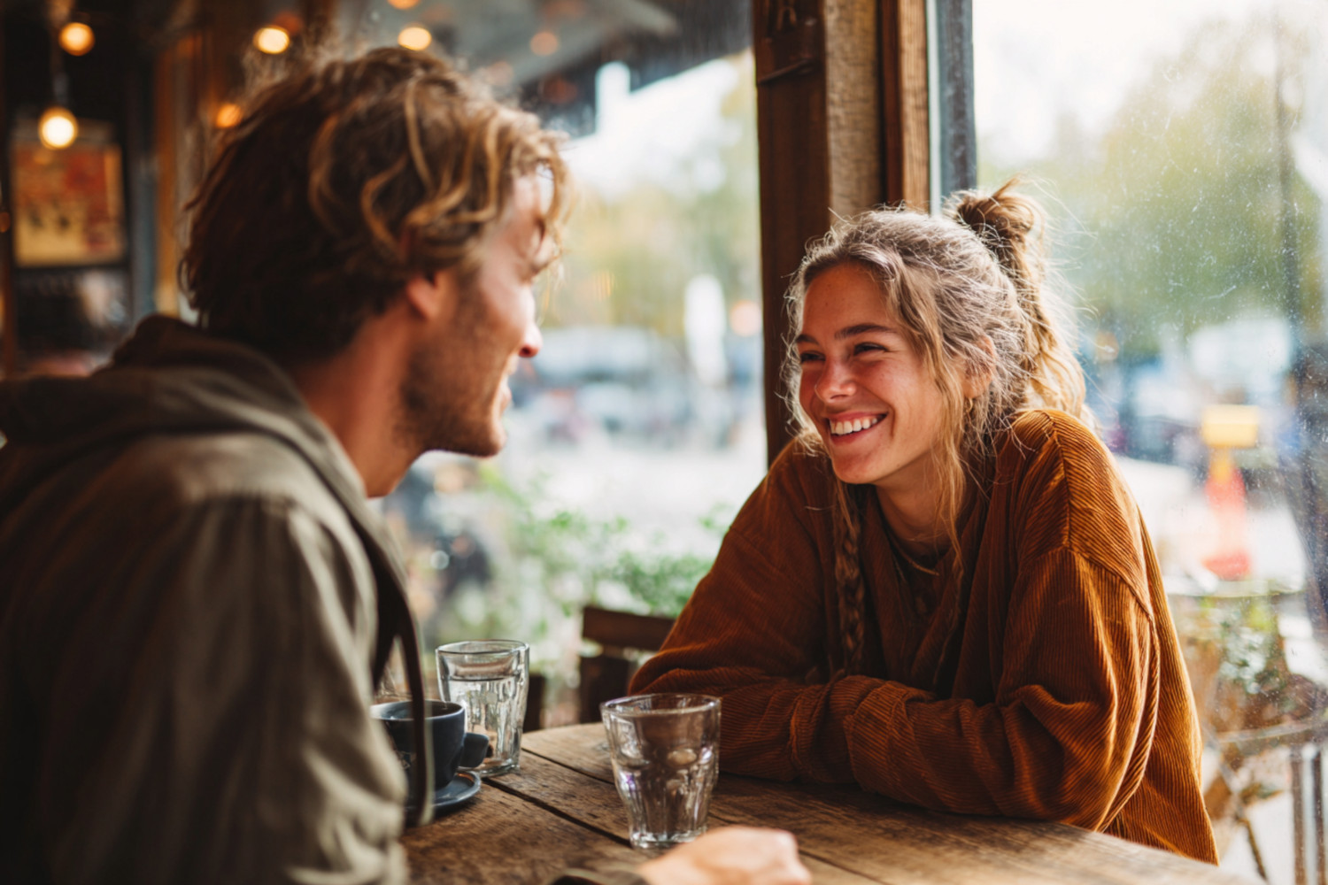 Ein Mann und eine Frau sitzen in einem Cafe und lächeln sich an.