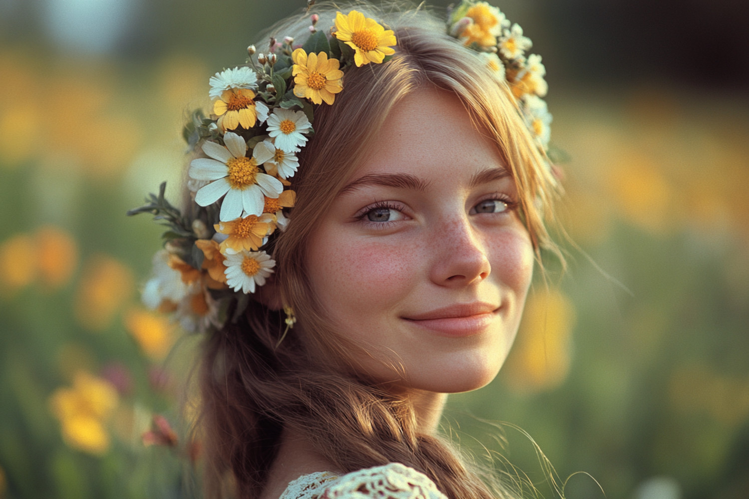 junger Frau mit Blumen im Haar schaut in die Kamera
