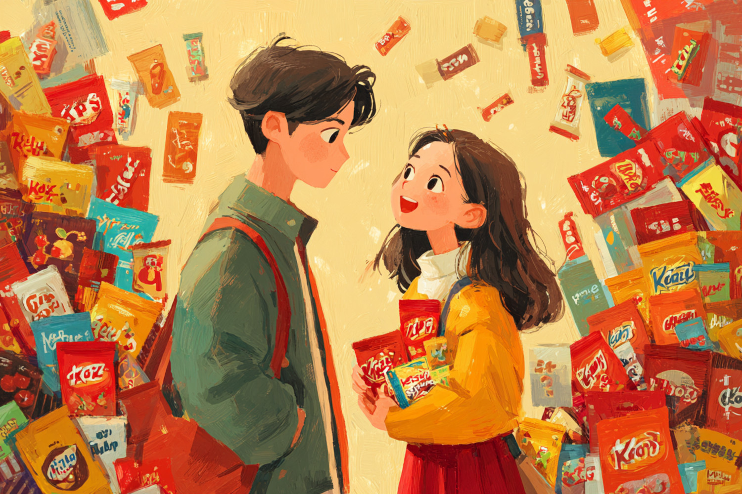 Ein buntes Comicbild eines Mannes und einer Frau. Die Frau hält Süßigkeiten im Arm.